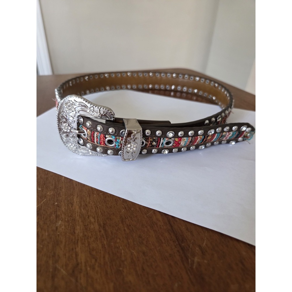 Western Serape  Studded Leather Belt girls large kids faux rhinestones cowgirl
